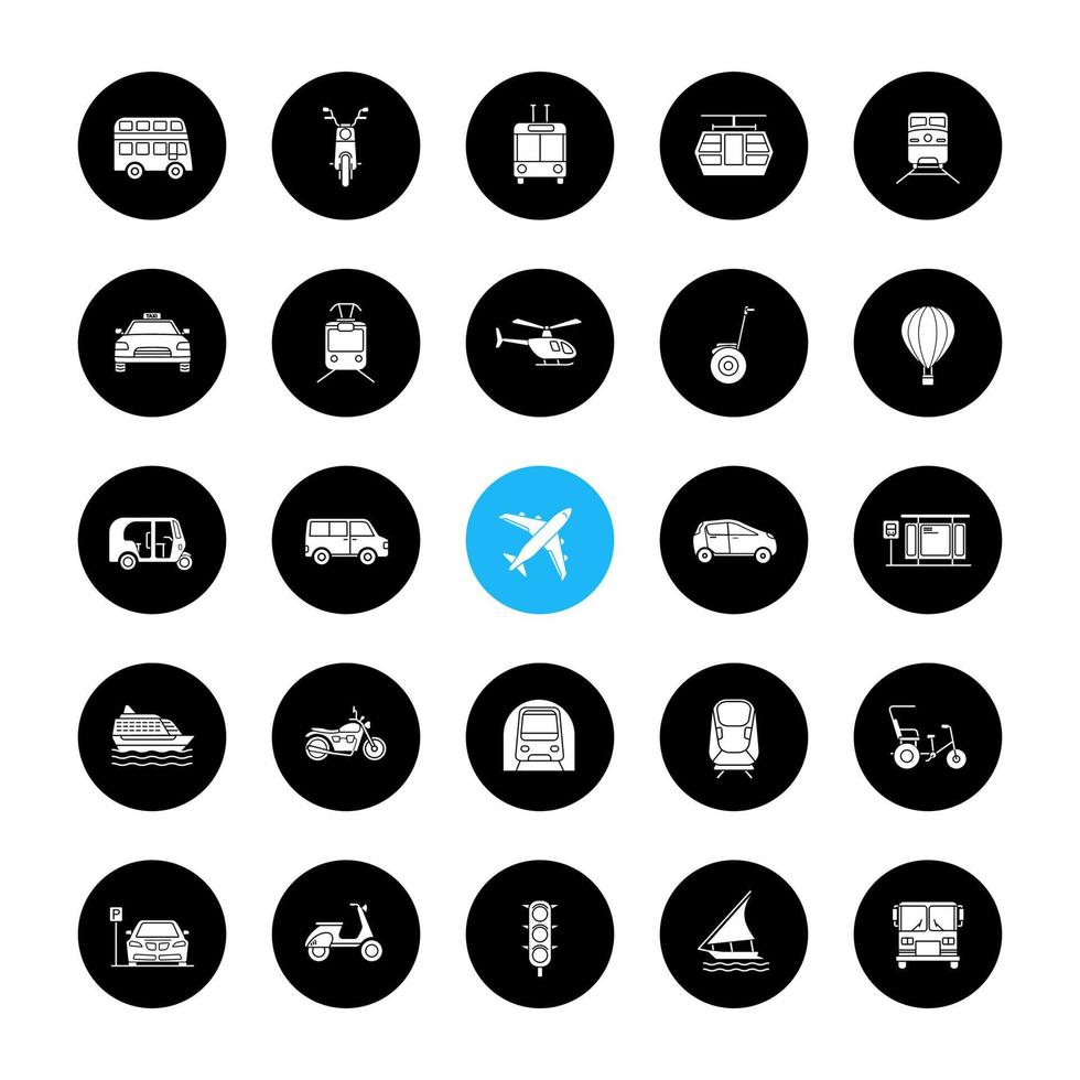 Public transport glyph icons set. Water, land and air vehicles. Modes of transport. Vector white silhouettes illustrations in black circles