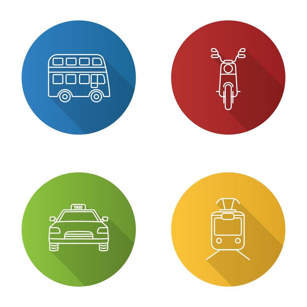 Public transport flat linear long shadow icons set. Modes of transport. Double decker bus, scooter, taxi, tram. Vector outline illustration