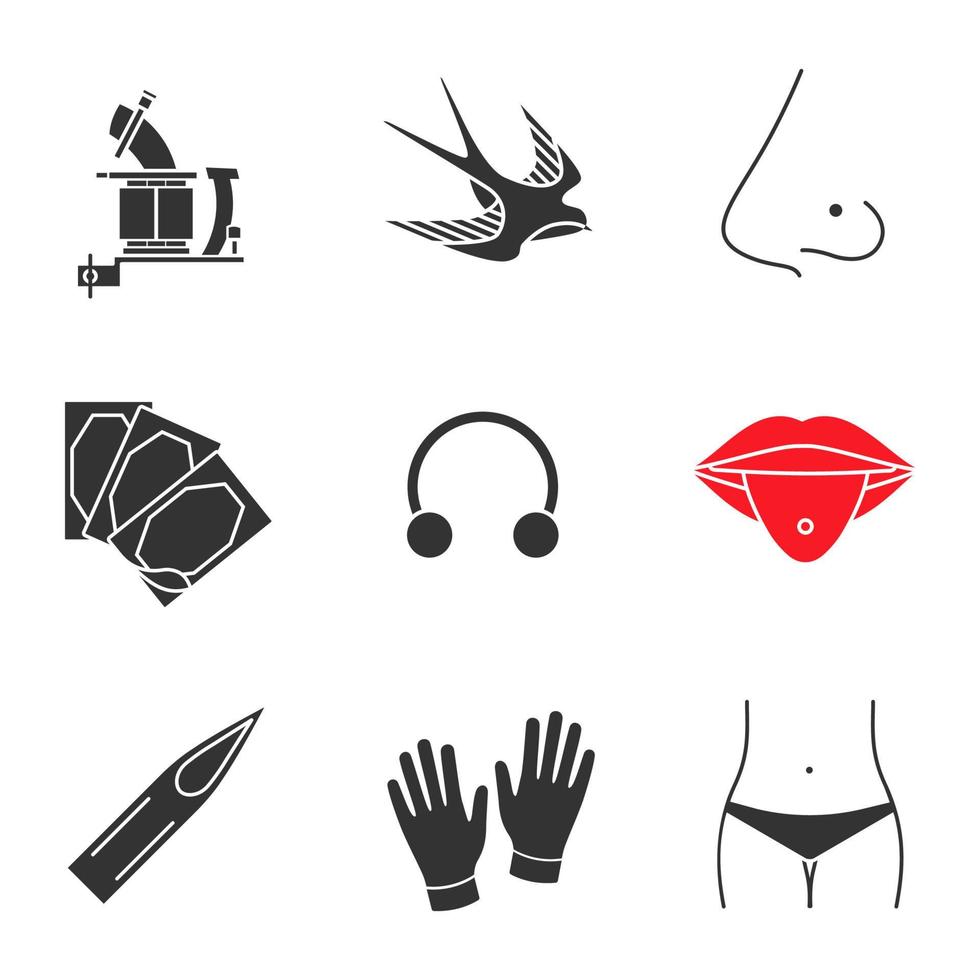 Tattoo studio glyph icons set. Tattoo machine, swallow, pierced nose and tongue, plaster, earring, needle tip, medical gloves, navel piercing. Silhouette symbols. Vector isolated illustration