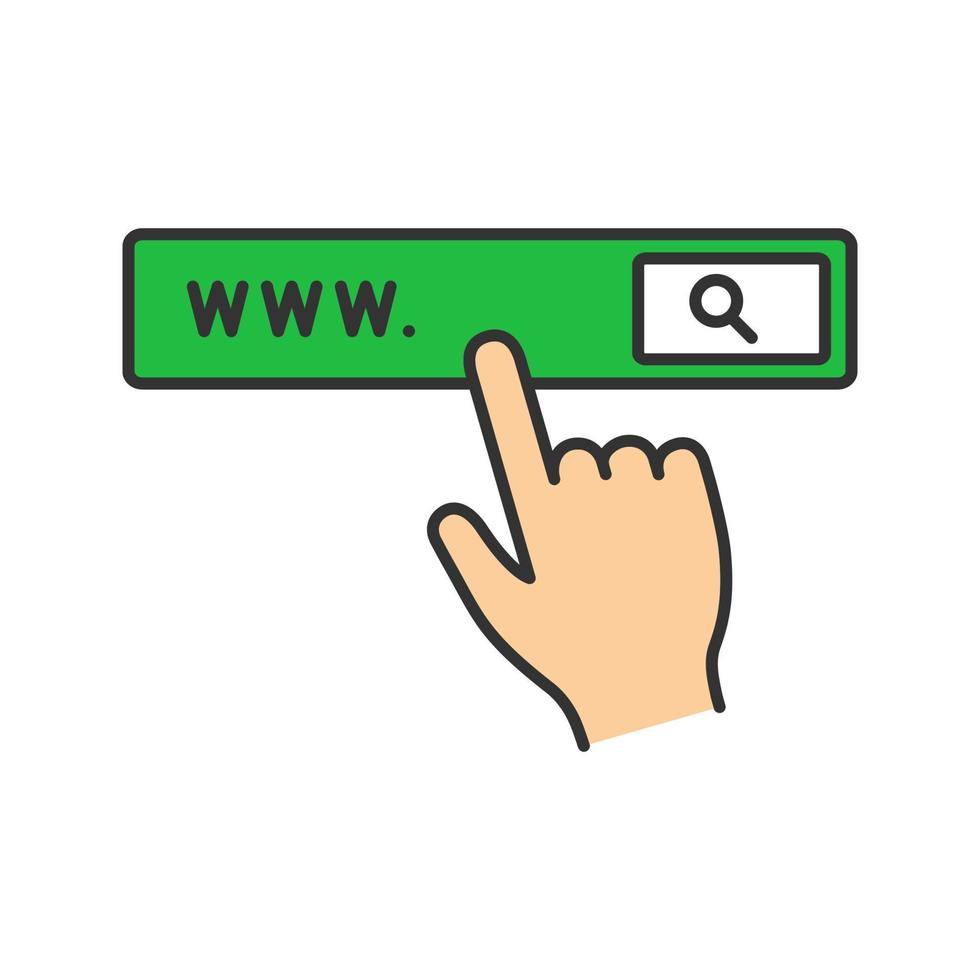 Search bar button color icon. Internet surfing. Internet browser. Hand pressing find button. Isolated vector illustration