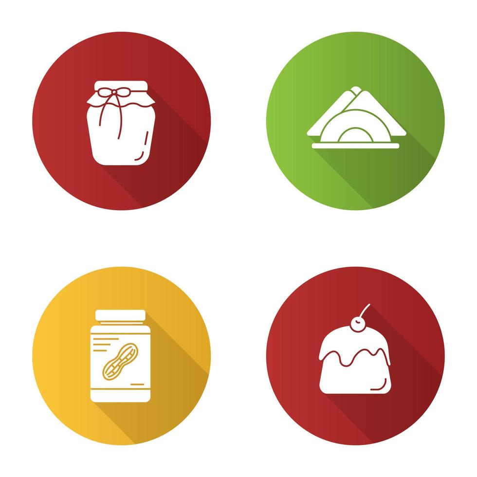 Conjunto de iconos de glifos de larga sombra de diseño plano de Condectionery. menú de la cafetería. mermelada de fresa, servilletas de mesa, mantequilla de maní, pudín. ilustración de silueta de vector