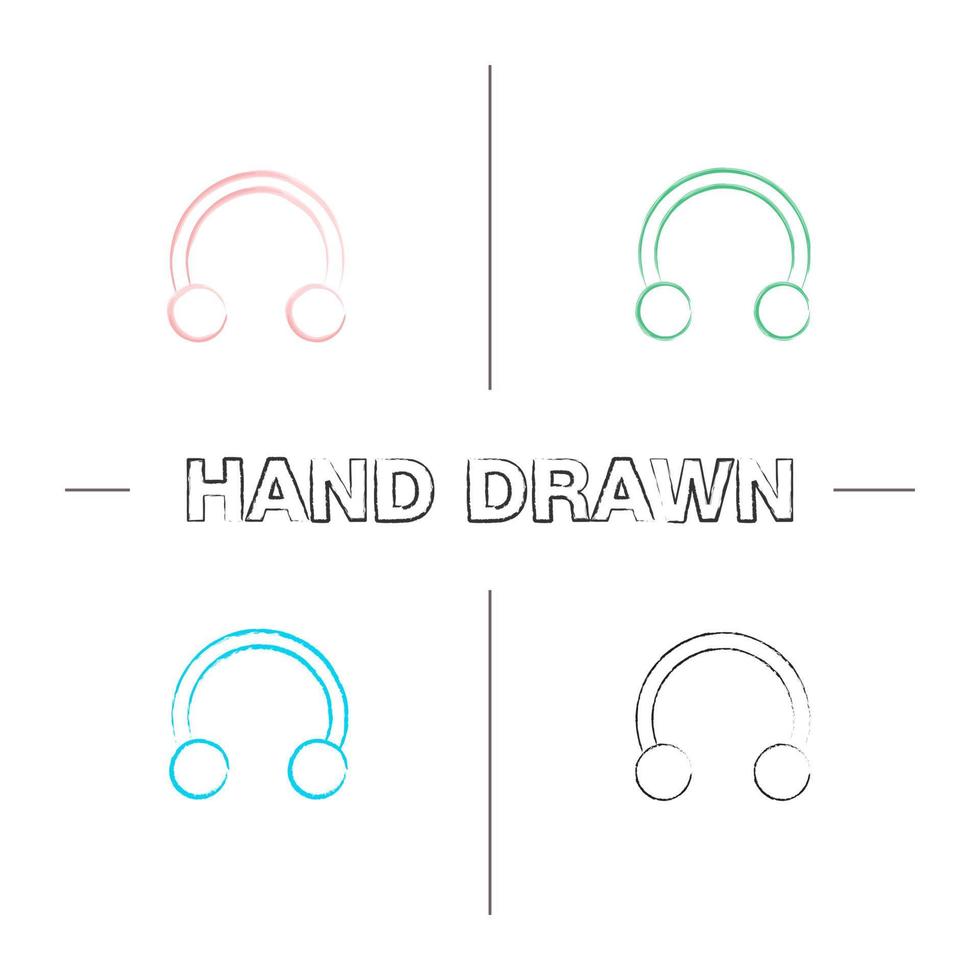 Half hoop earring hand drawn icons set. Color brush stroke. Horseshoe piercing jewelry. Isolated vector sketchy illustrations