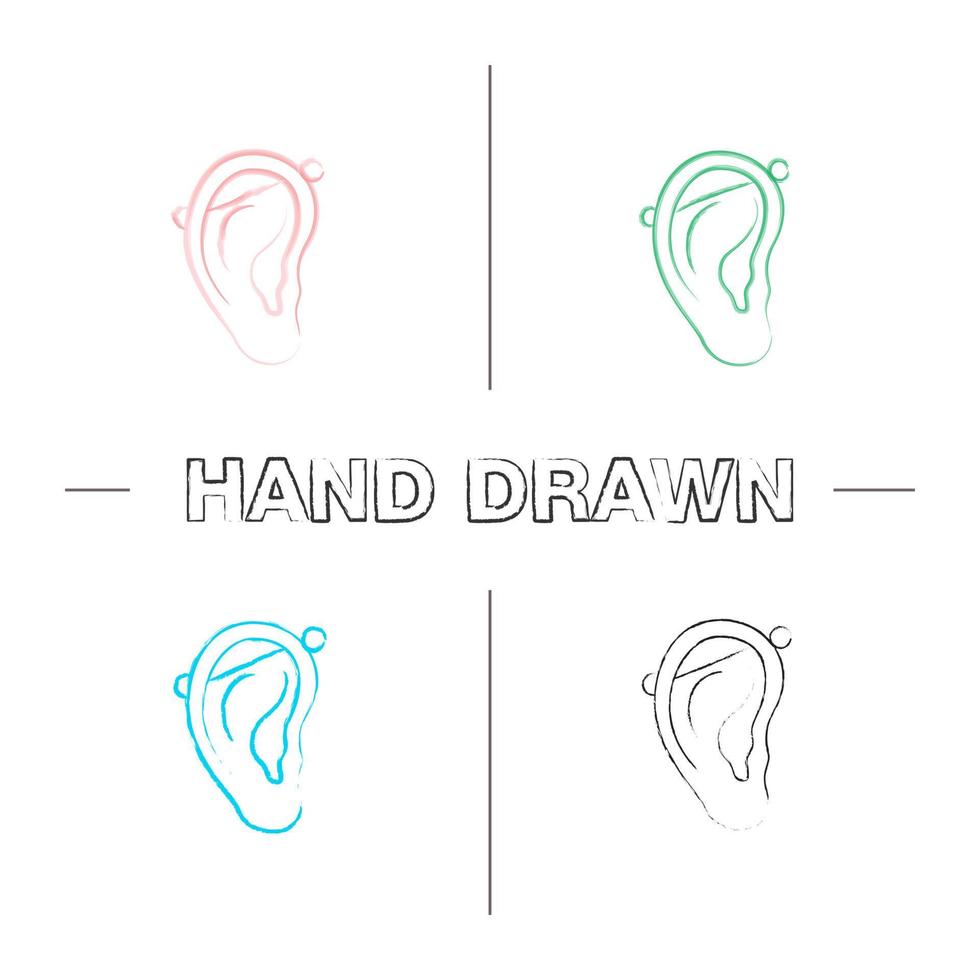 Industrial piercing hand drawn icons set. Color brush stroke. Pierced ear cartilage. Isolated vector sketchy illustrations