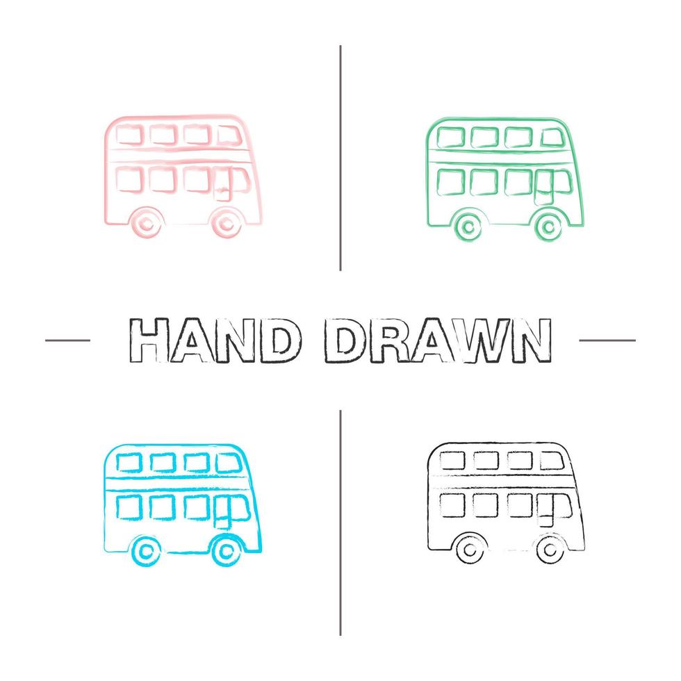 Double decker bus hand drawn icons set. Bus with two storeys. Color brush stroke. Isolated vector sketchy illustrations