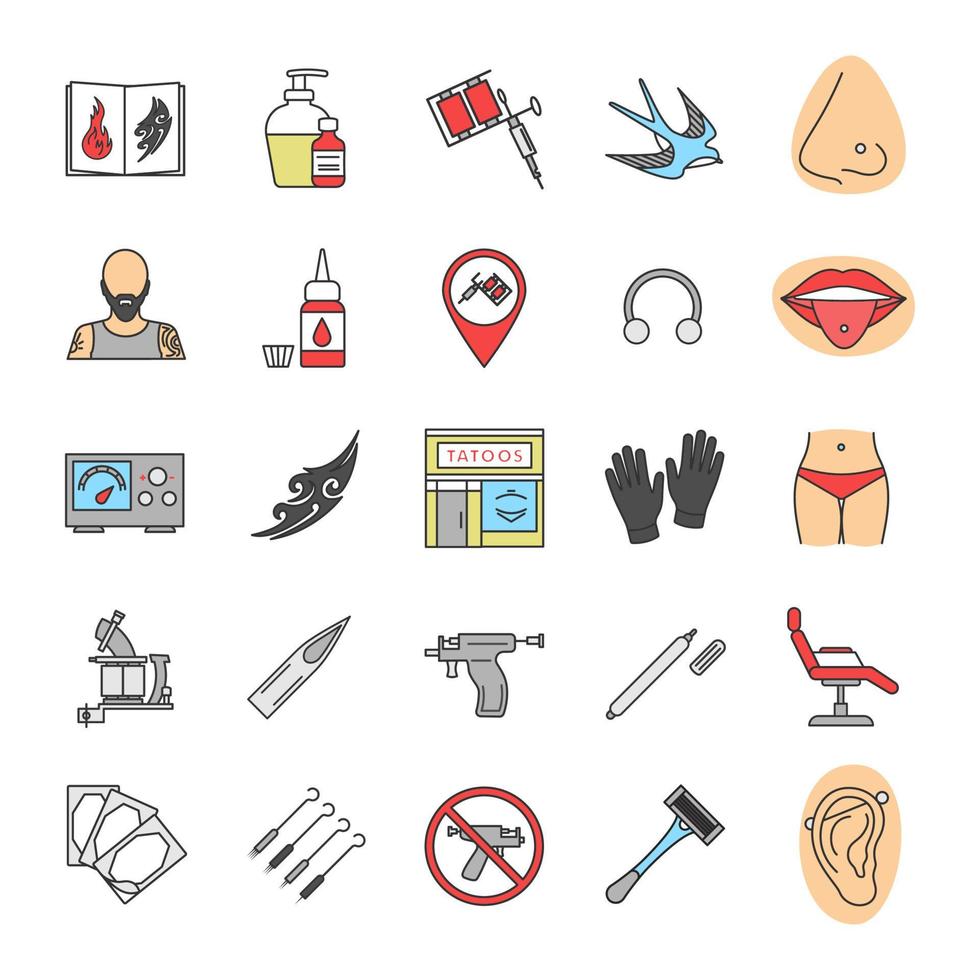 Tattoo studio color icons set. Piercing service. Tattoo sketches, instruments and equipment. Isolated vector illustrations