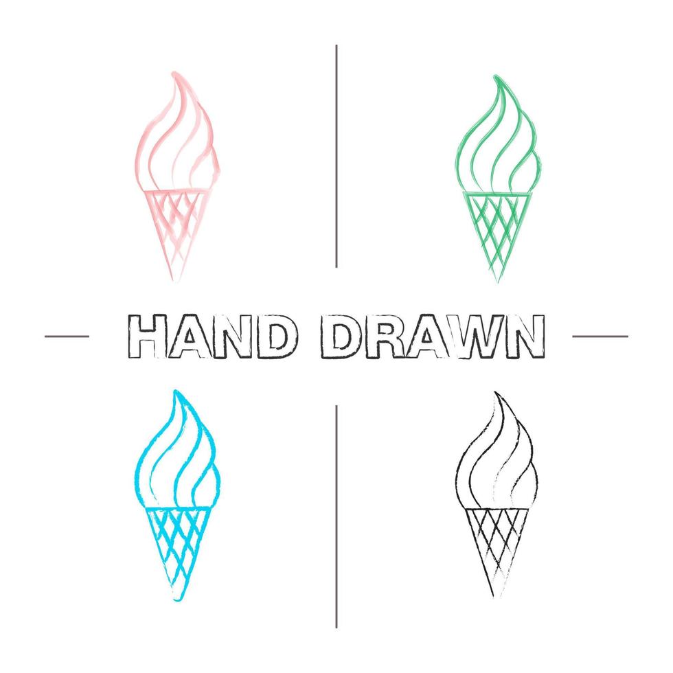 Ice cream cone hand drawn icons set. Color brush stroke. Isolated vector sketchy illustrations