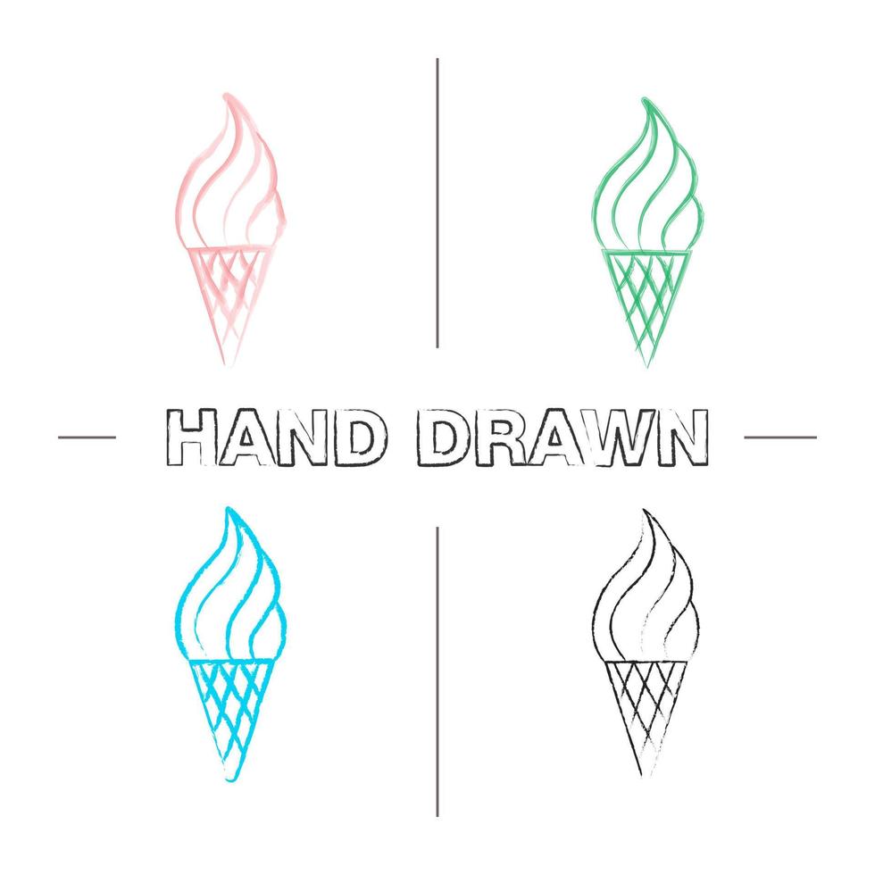 Ice cream cone hand drawn icons set. Color brush stroke. Isolated vector sketchy illustrations