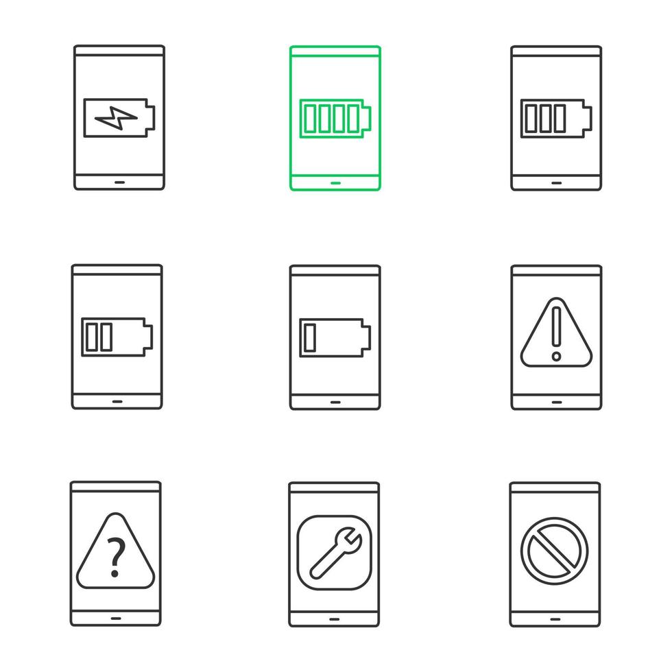 conjunto de iconos lineales de smartphone. carga baja y alta de la batería del teléfono inteligente, error, preguntas frecuentes, configuración, sin señal. símbolos de contorno de línea fina. ilustraciones de contorno vectorial aislado vector