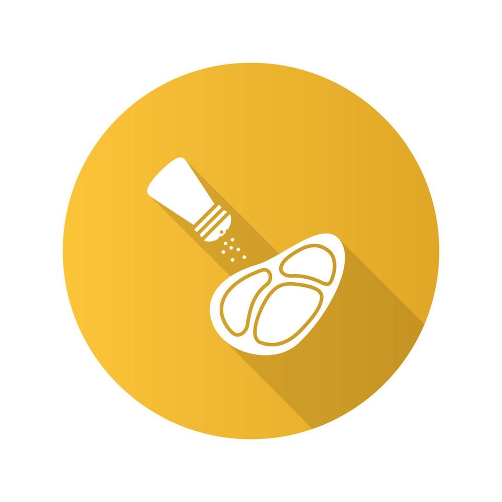Salting steak flat design long shadow glyph icon. Pepper or salt shaker with beefsteak. Vector silhouette illustration