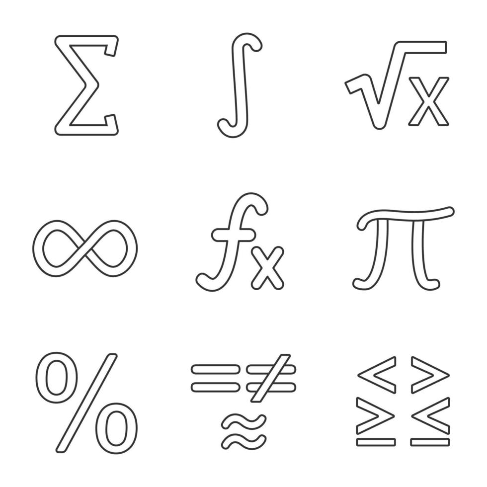 Conjunto de iconos lineales de matemáticas. símbolos matemáticos. álgebra. símbolos de contorno de línea fina. ilustraciones de contorno vectorial aislado vector