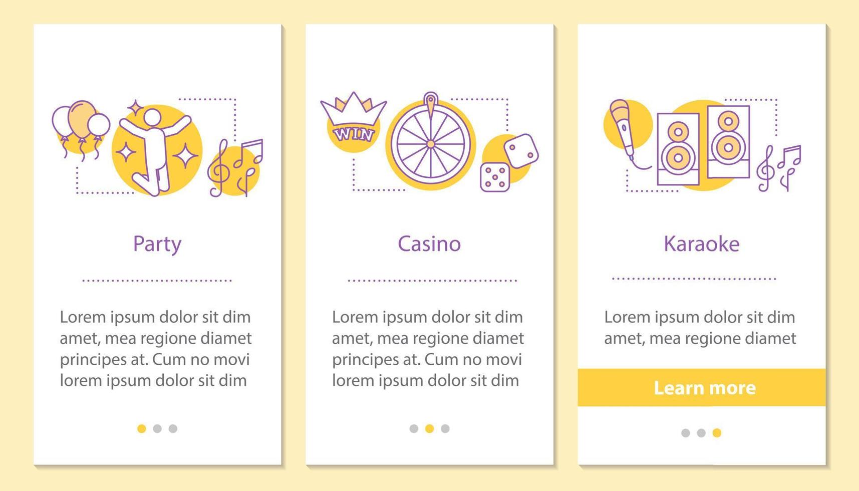 Entertainment onboarding mobile app page screen with linear concepts. Party, casino, karaoke steps graphic instructions. UX, UI, GUI vector template with illustrations