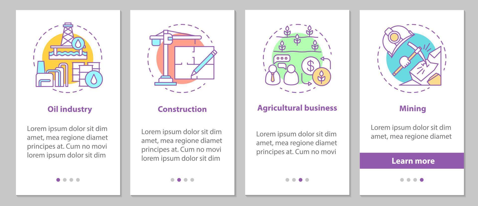 Industries onboarding mobile app page screen with linear concepts. Oil industry, construction, agricultural business, mining steps graphic instructions. UX, UI, GUI vector template with illustrations