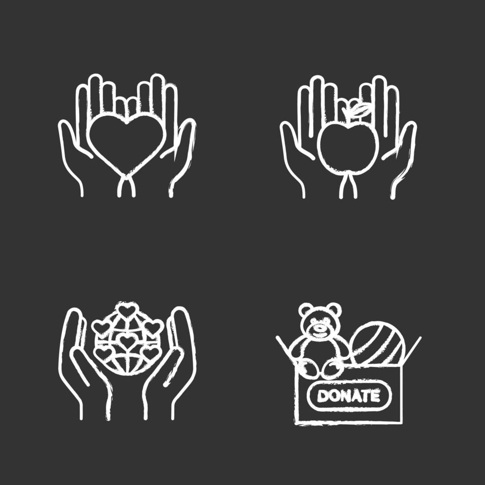 Charity chalk icons set. Food and toys donation, international charity, hands holding heart. Isolated vector chalkboard illustrations