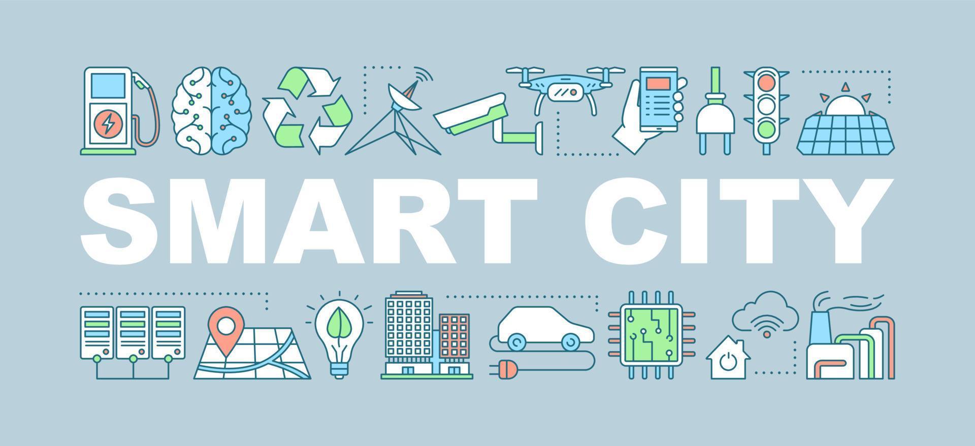 Smart city word concepts banner. Urban facilities. Isolated lettering typography idea with linear icons. Automated high-tech city. Vector outline illustration