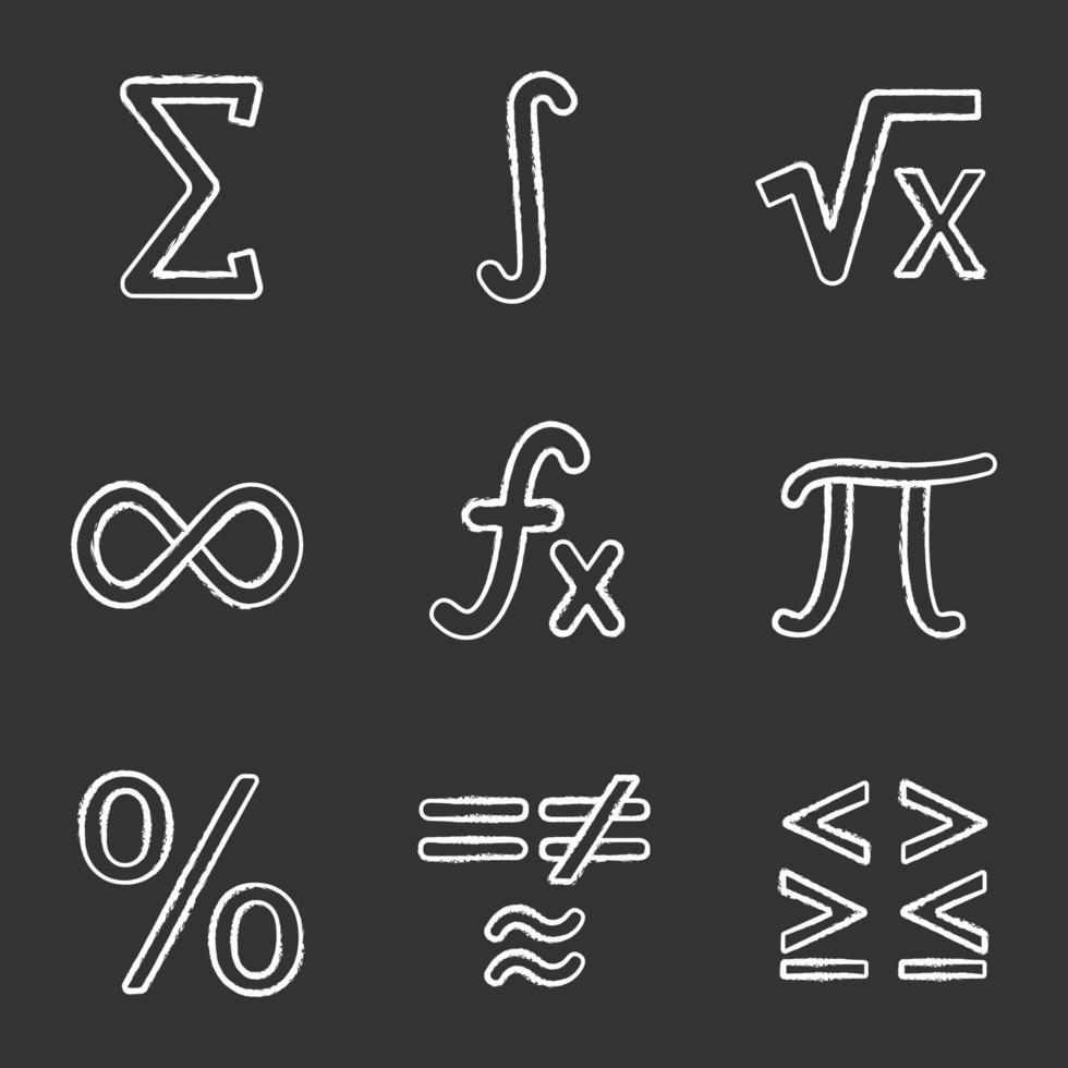 Mathematics chalk icons set. Math symbols. Algebra. Isolated vector chalkboard illustrations