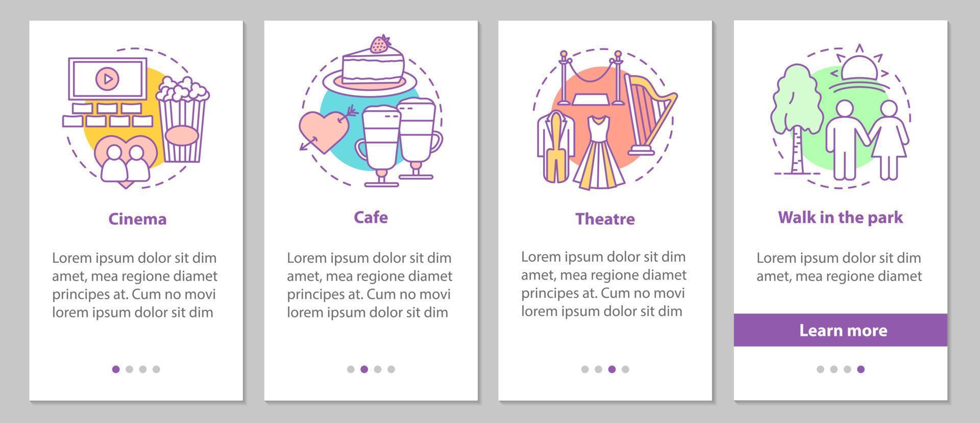 First date onboarding mobile app page screen with linear concepts. Cinema, theater, cafe, park walk steps graphic instructions. UX, UI, GUI vector template with illustrations