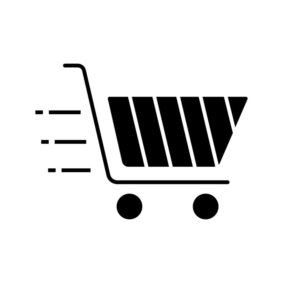 Flying shopping cart glyph icon. Fast purchases. Quick online shopping. Silhouette symbol. Negative space. Vector isolated illustration