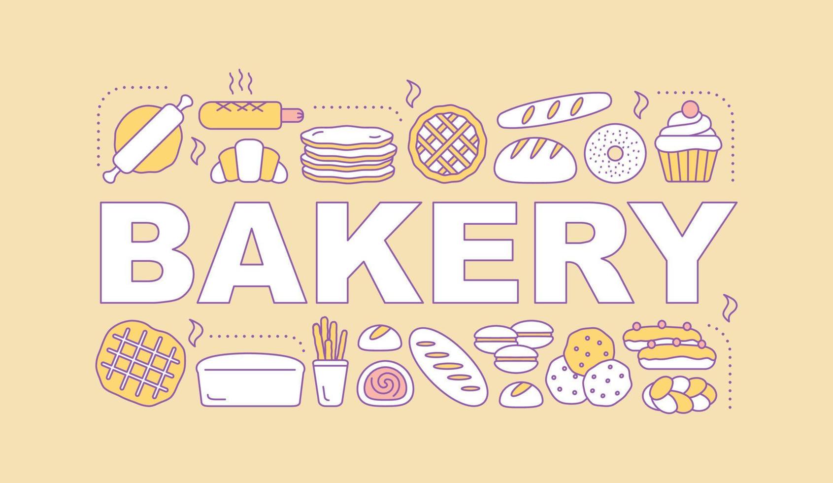 banner de conceptos de palabra de panadería. pastelería, repostería. idea de tipografía de letras aisladas con iconos lineales. ilustración de contorno vectorial vector