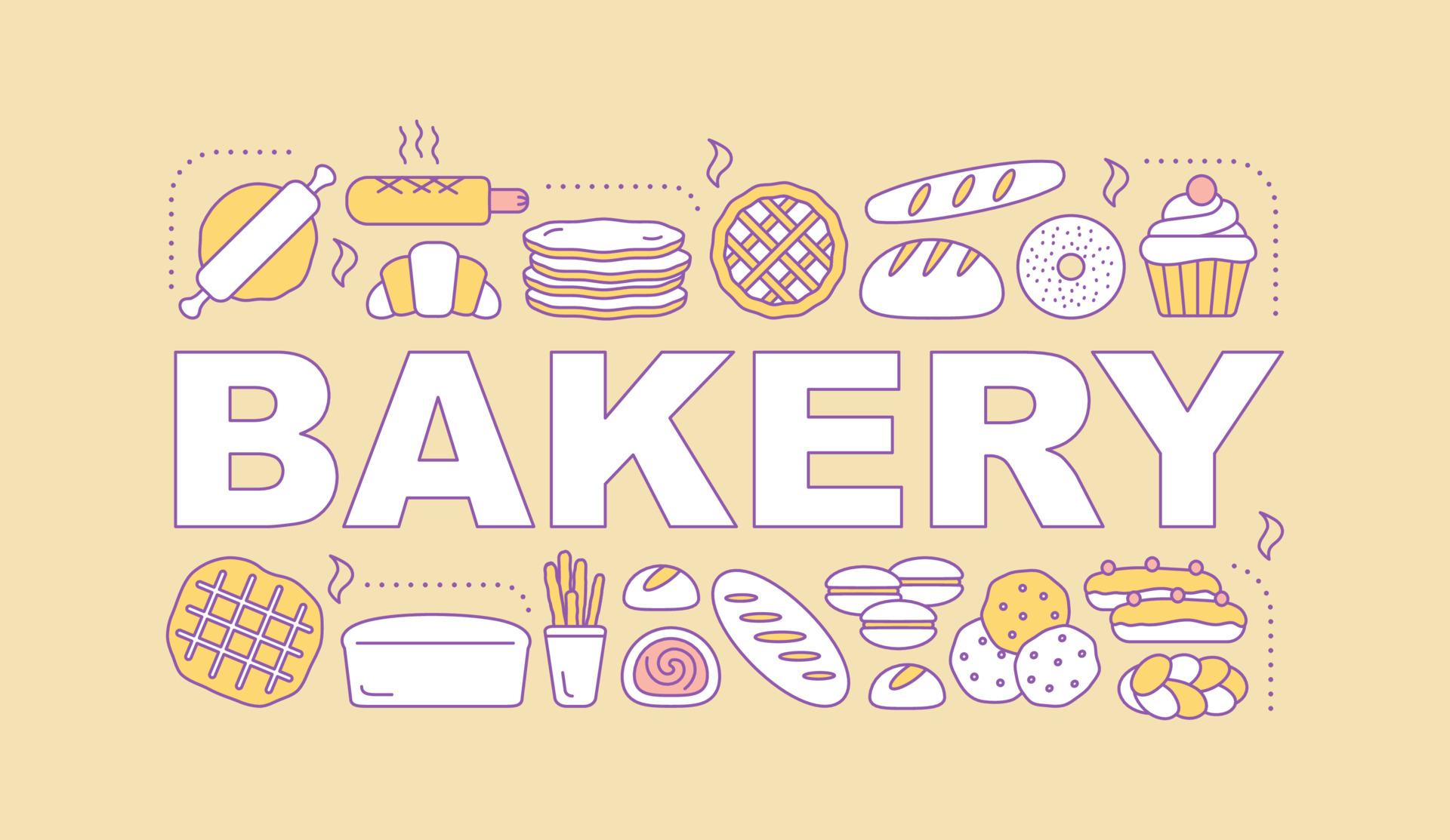 banner de conceptos de palabra de panadería. pastelería, repostería