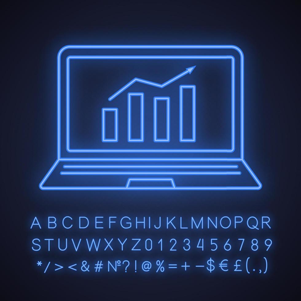 Statistics neon light icon. Laptop display with market growth chart. Analysis. Statistics diagram. Glowing sign with alphabet, numbers and symbols. Vector isolated illustration