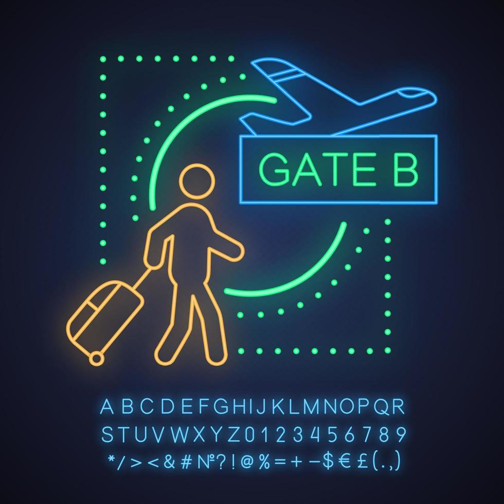 Airport neon light concept icon. Boarding gate idea. Travelling by plane. Departure. Glowing sign with alphabet, numbers and symbols. Vector isolated illustration