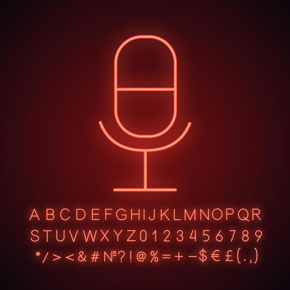 Microphone neon light icon. Radio broadcasting. Glowing sign with alphabet, numbers and symbols. Vector isolated illustration