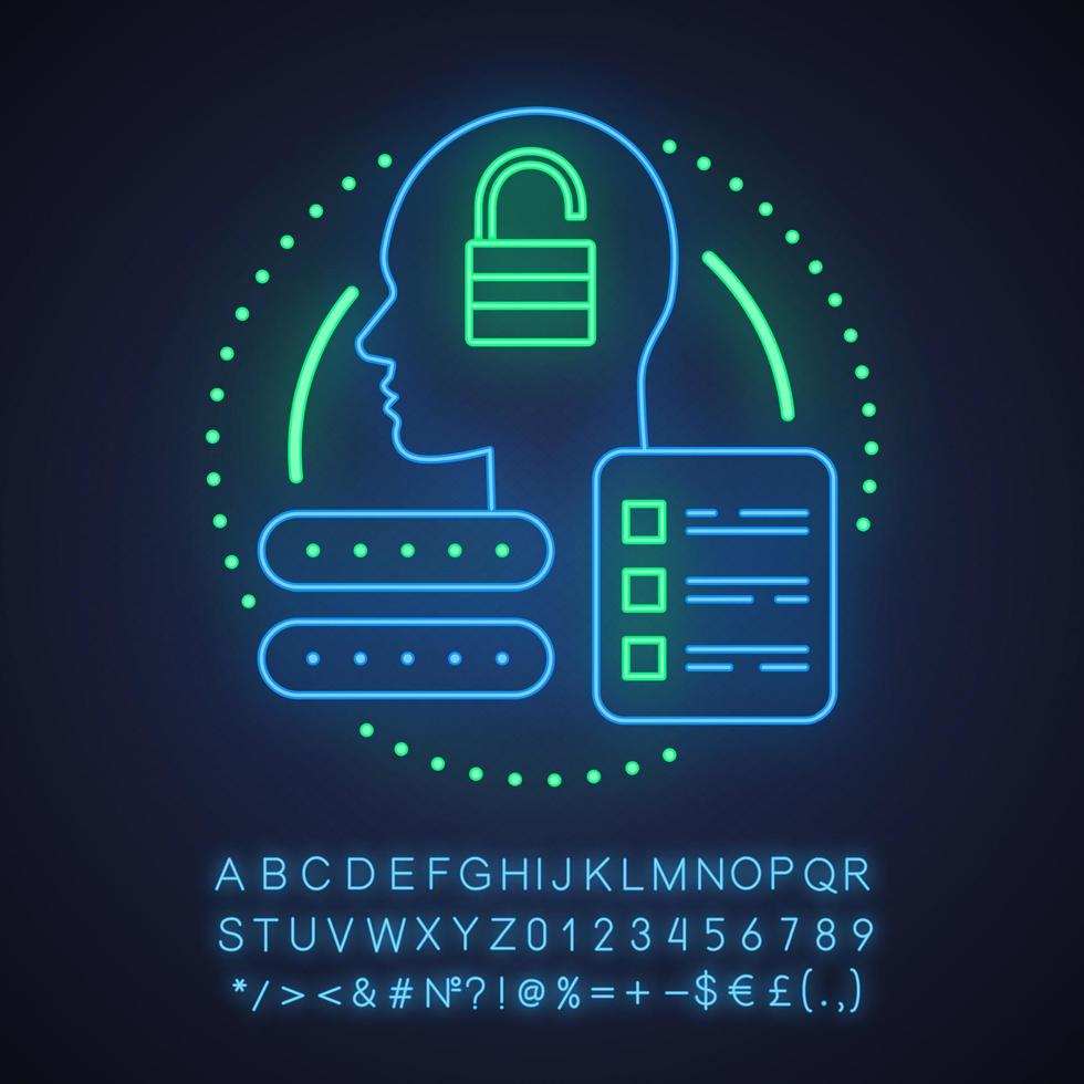 Account creating neon light concept icon. Profile adding idea. User registration. Glowing sign with alphabet, numbers and symbols. Vector isolated illustration