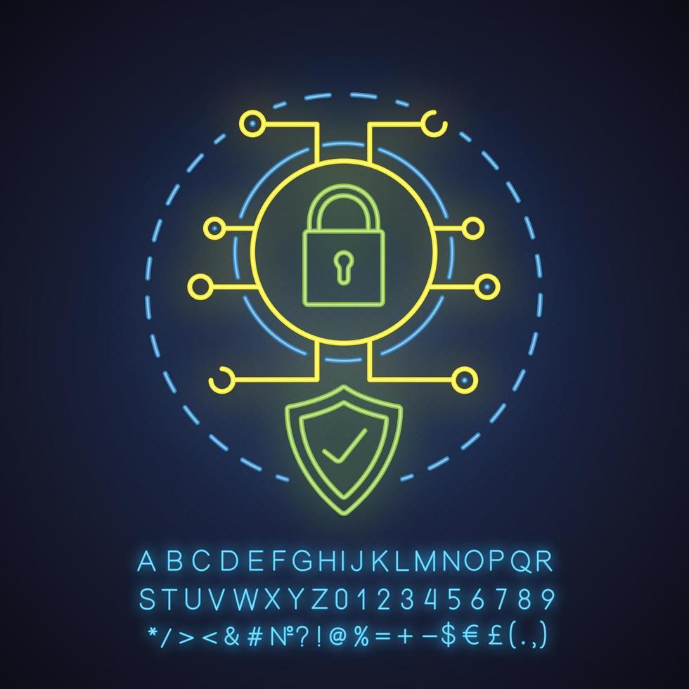 Icono de concepto de luz de neón de seguridad de Internet. idea de protección digital. antivirus. signo brillante con alfabeto, números y símbolos. vector ilustración aislada