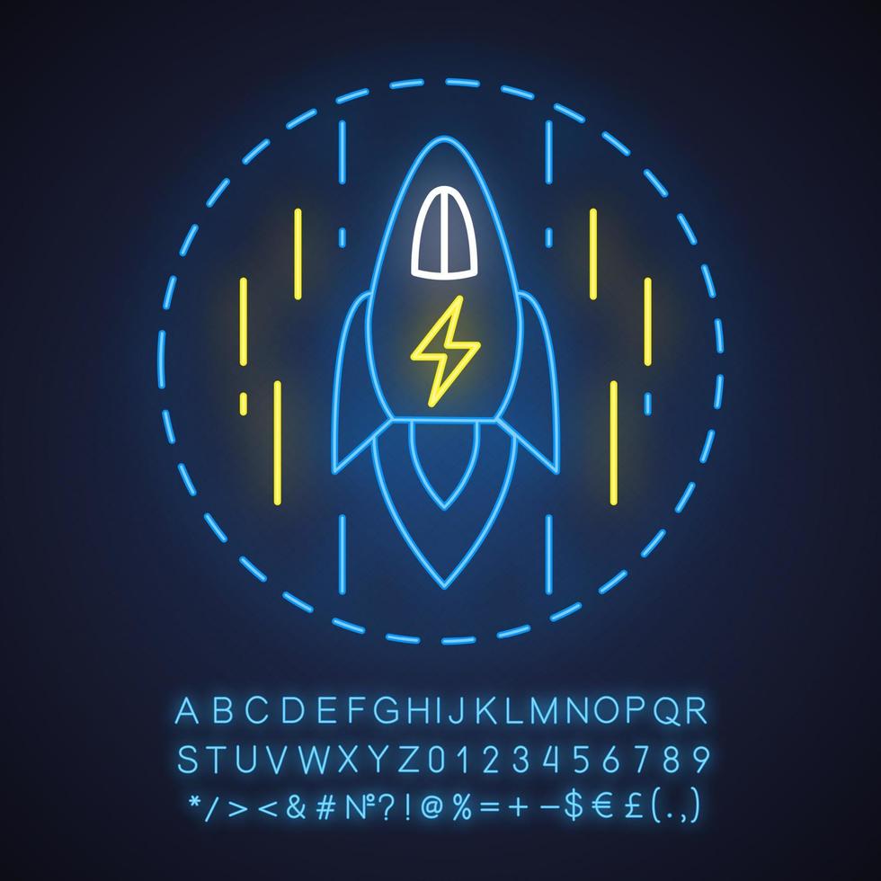 Icono de concepto de luz de neón de velocidad rápida. idea de inicio. signo brillante con alfabeto, números y símbolos. vector ilustración aislada
