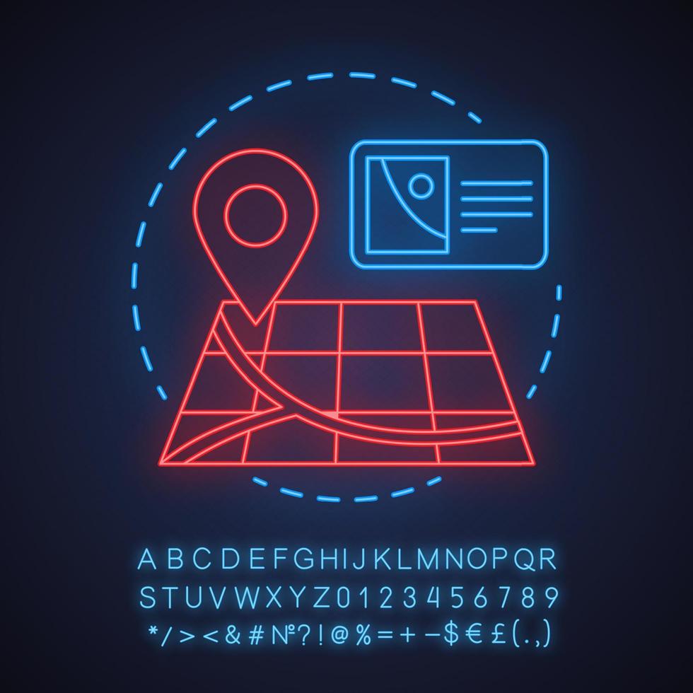 Setting drop off location neon light concept icon. Choosing finish destination point idea. GPS. Glowing sign with alphabet, numbers and symbols. Vector isolated illustration