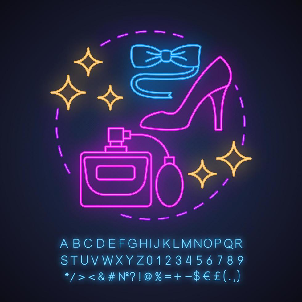 Party neon light concept icon. Date idea. Dress code. Celebration. Glowing sign with alphabet, numbers and symbols. Vector isolated illustration