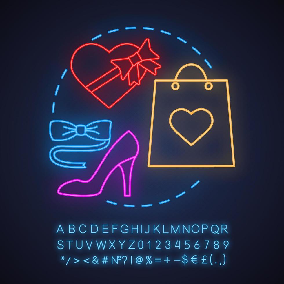 Romantic date neon light concept icon. Relationships idea. Valentine's Day gift. Glowing sign with alphabet, numbers and symbols. Vector isolated illustration
