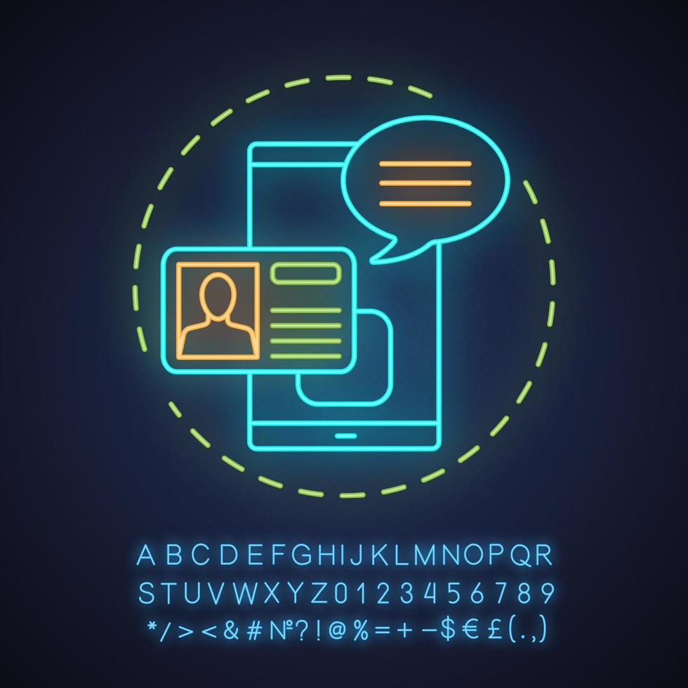 Account creating neon light concept icon. Profile adding idea. User registration. Social media. Glowing sign with alphabet, numbers and symbols. Vector isolated illustration