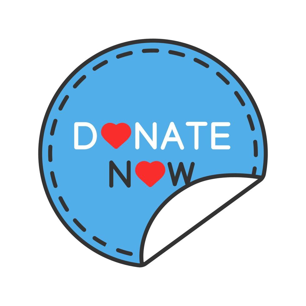 Donate now round sticker color icon. Donation making. Charity sticky label. Isolated vector illustration