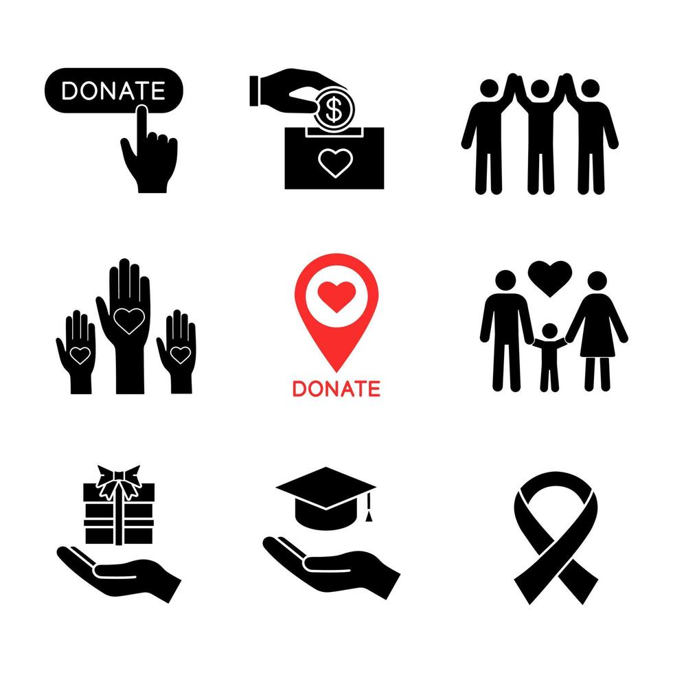 Charity glyph icons set. Silhouette symbols. Donate button, fundraising, charity organization location, family, gift, unity in diversity, free education, anti HIV ribbon. Vector isolated illustration