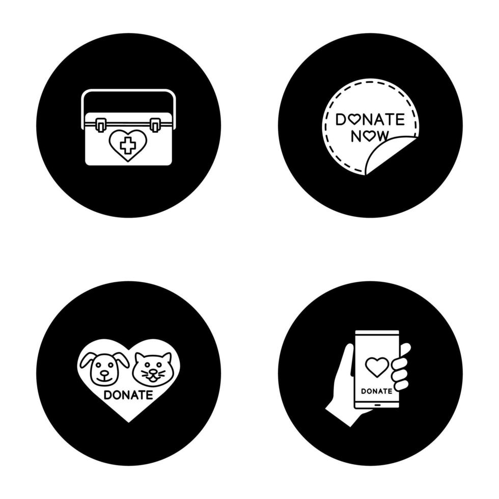 Charity glyph icons set. Organ donation, charity for pets, donate now round sticker, smartphone donation app. Vector white silhouettes illustrations in black circles