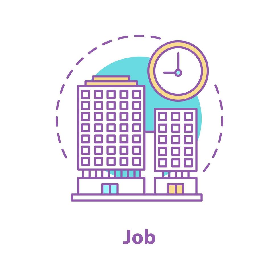 Job concept icon. Work idea thin line illustration. Business center. Office building, clock. Vector isolated outline drawing