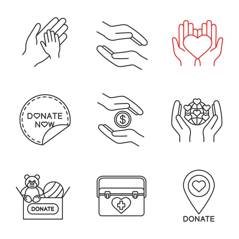 Charity linear icons set. Thin line contour symbols. Helping hands, donate now sticker, Earth saving, toys donation, charity organization location. Isolated vector outline illustrations