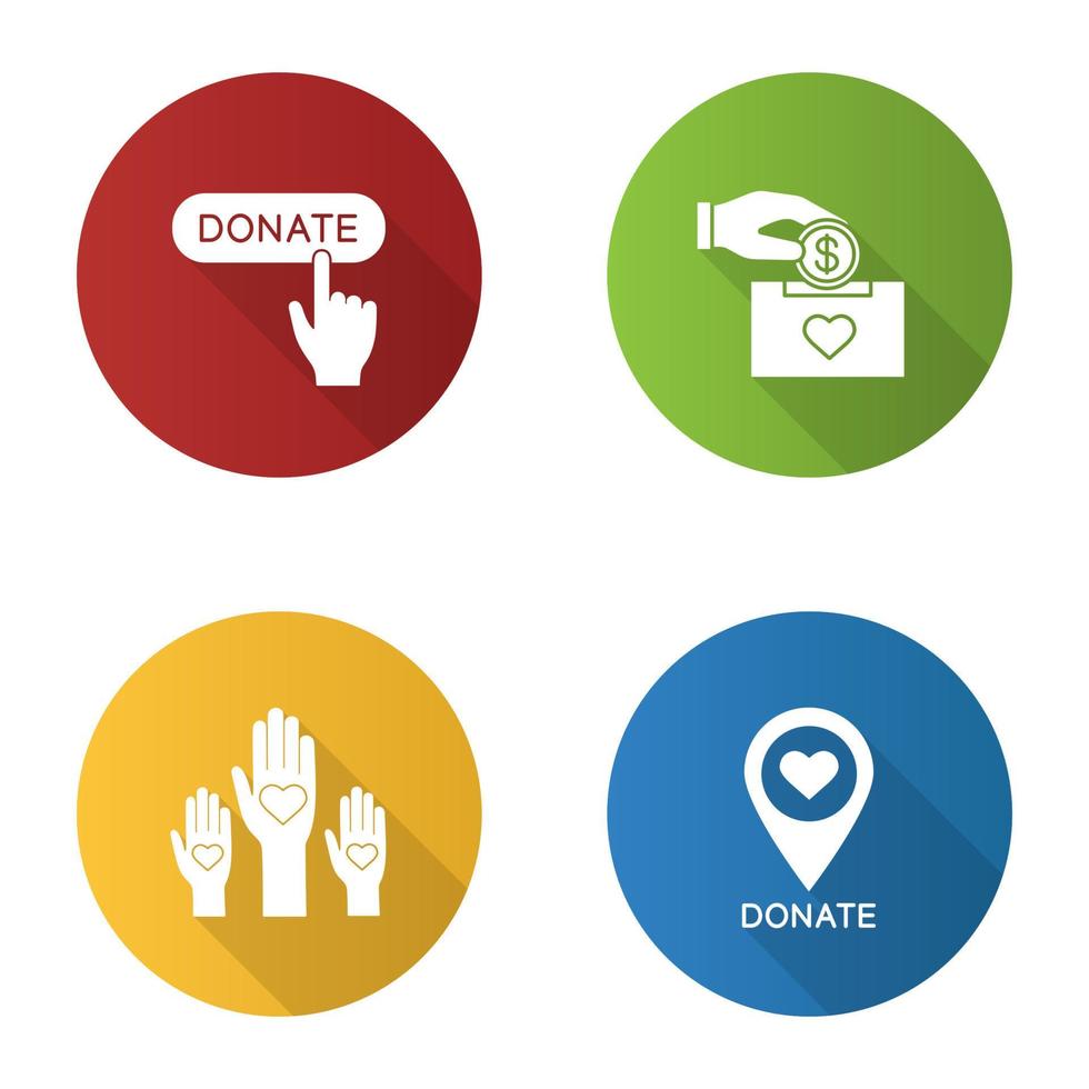 Charity flat design long shadow glyph icons set. Donation box, unity in diversity, charity organiazation location, donate click button. Vector silhouette illustration
