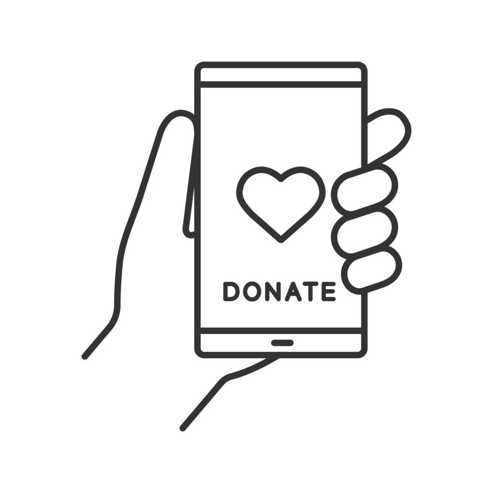 Smartphone donation app linear icon. Digital charity. Online fundraising. Thin line illustration. Making donation using mobile phone. Contour symbol. Vector isolated outline drawing