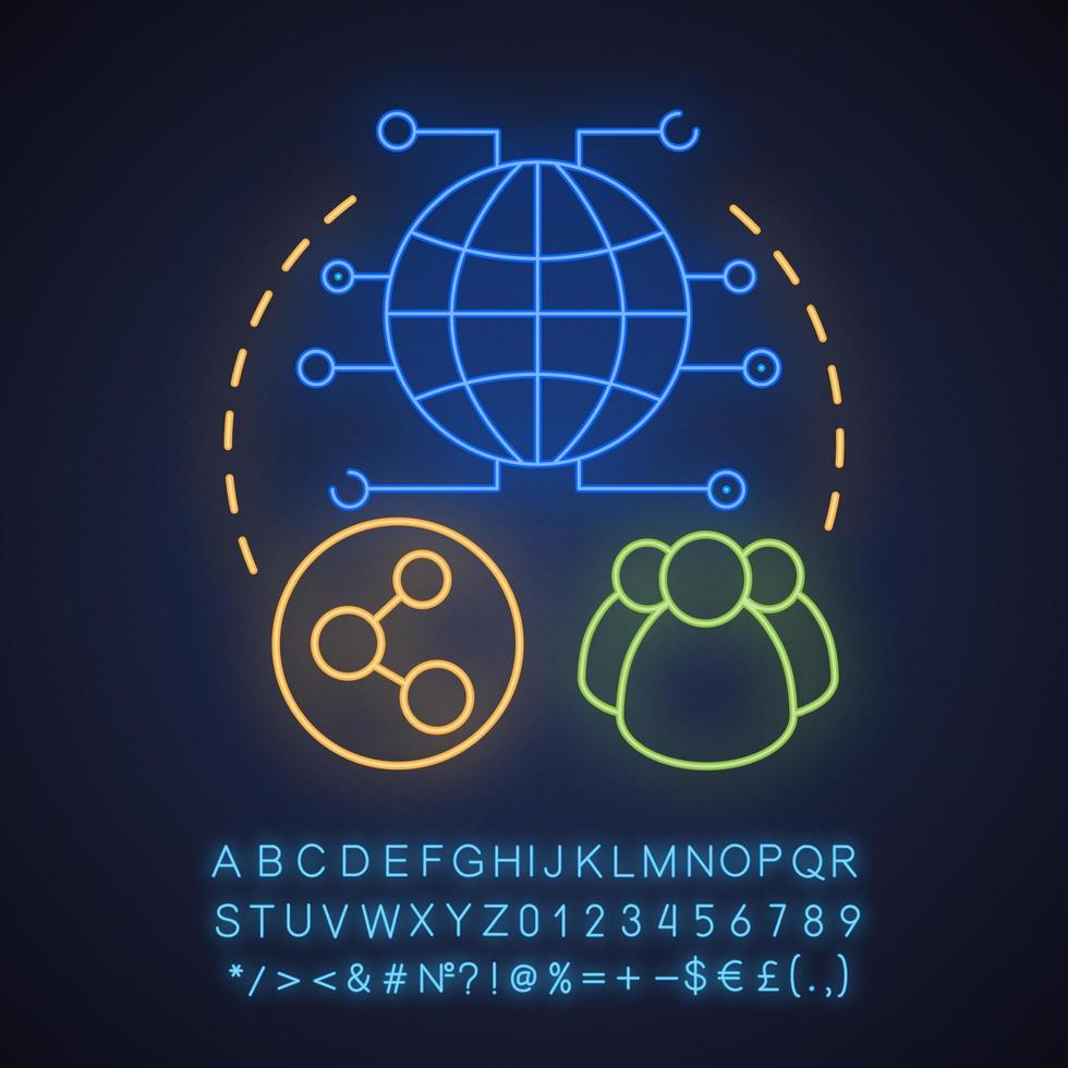Content sharing neon light concept icon. Social media idea. Glowing sign with alphabet, numbers and symbols. Vector isolated illustration
