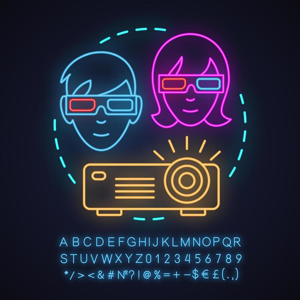 Cinema date neon light concept icon. Movie theater idea. Couple watching movie. Glowing sign with alphabet, numbers and symbols. Vector isolated illustration