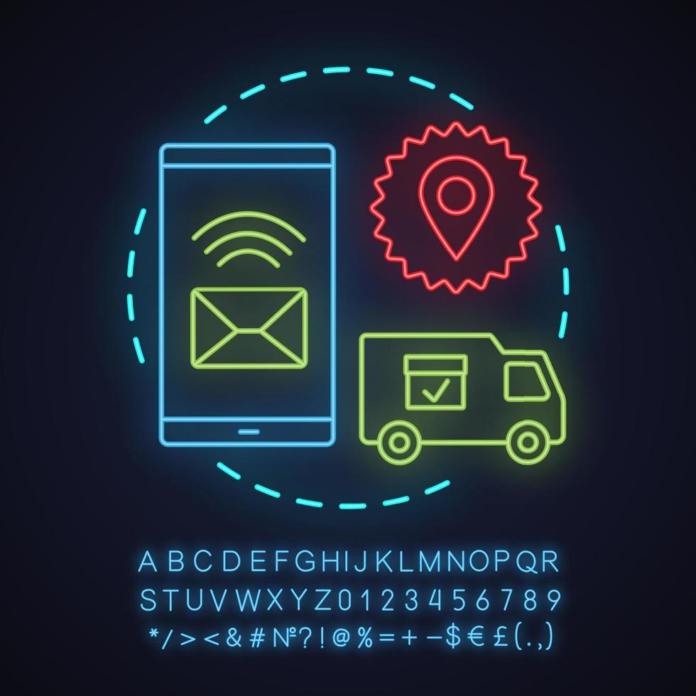 Parcel tracking app neon light concept icon. Delivery service idea. Shipping. Glowing sign with alphabet, numbers and symbols. Vector isolated illustration