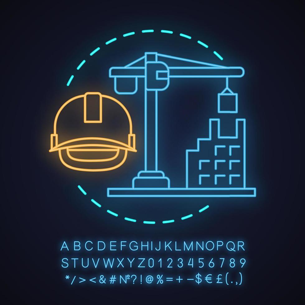 Icono de concepto de luz de neón de construcción de casa. idea de desarrollo del edificio. signo brillante con alfabeto, números y símbolos. vector ilustración aislada