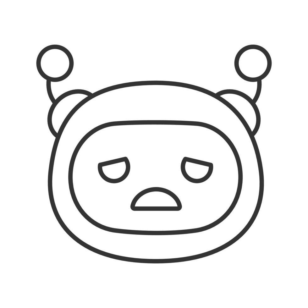 Sad robot emoji linear icon. Upset chatbot smiley. Thin line illustration. Chat bot emoticon. Artificial conversational entity. Virtual assistant. Contour symbol. Vector isolated outline drawing