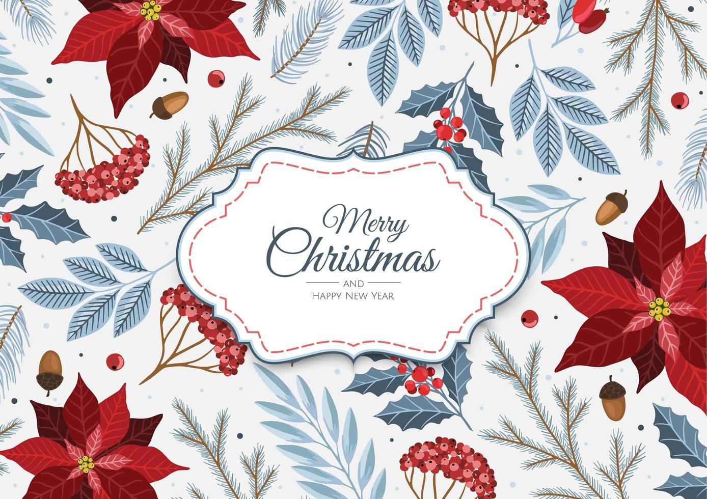 Christmas greeting cards with christmas florals and winter objects vector