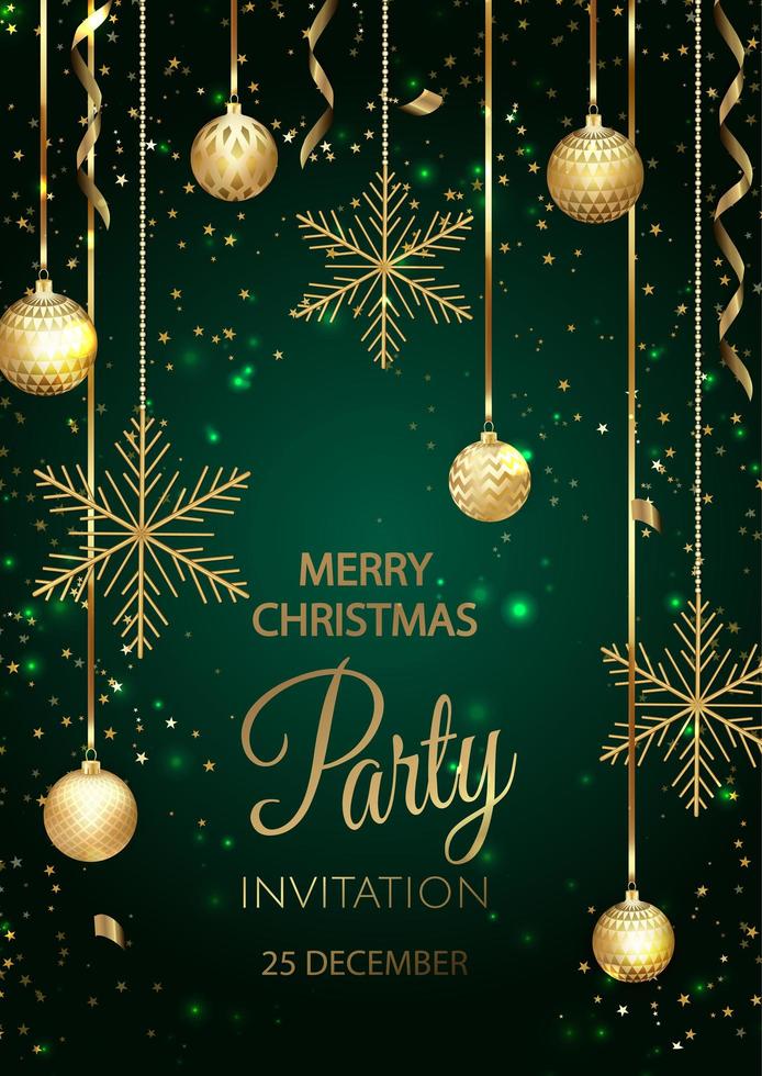 Merry Christmas Party invitation. Happy New Year card Decoration. Winter background. Seasonal holidays. vector