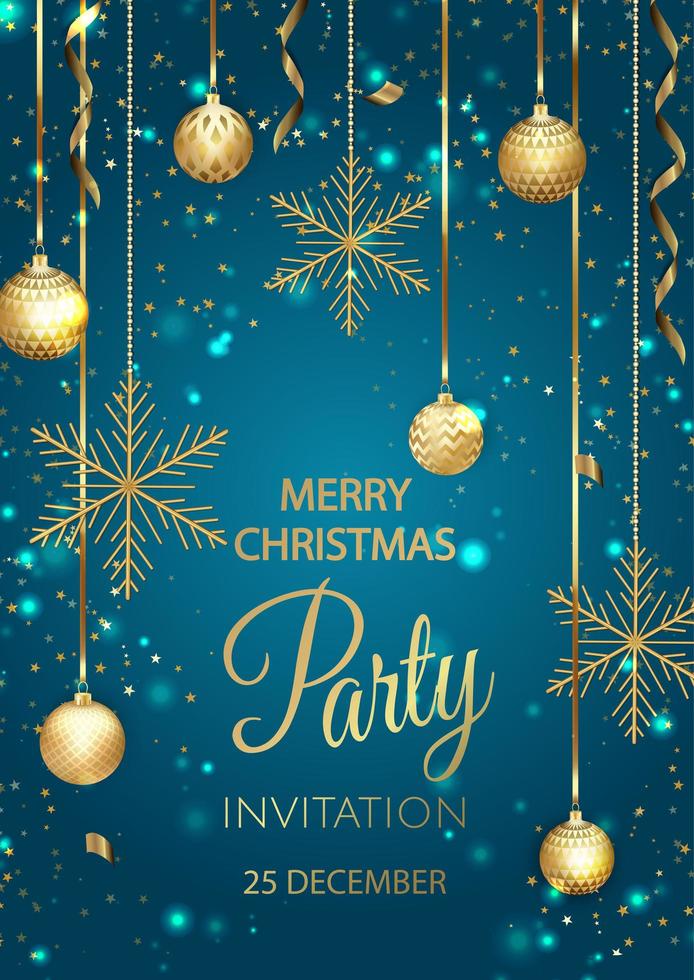 Merry Christmas Party invitation. Happy New Year card Decoration. Winter background. Seasonal holidays. vector