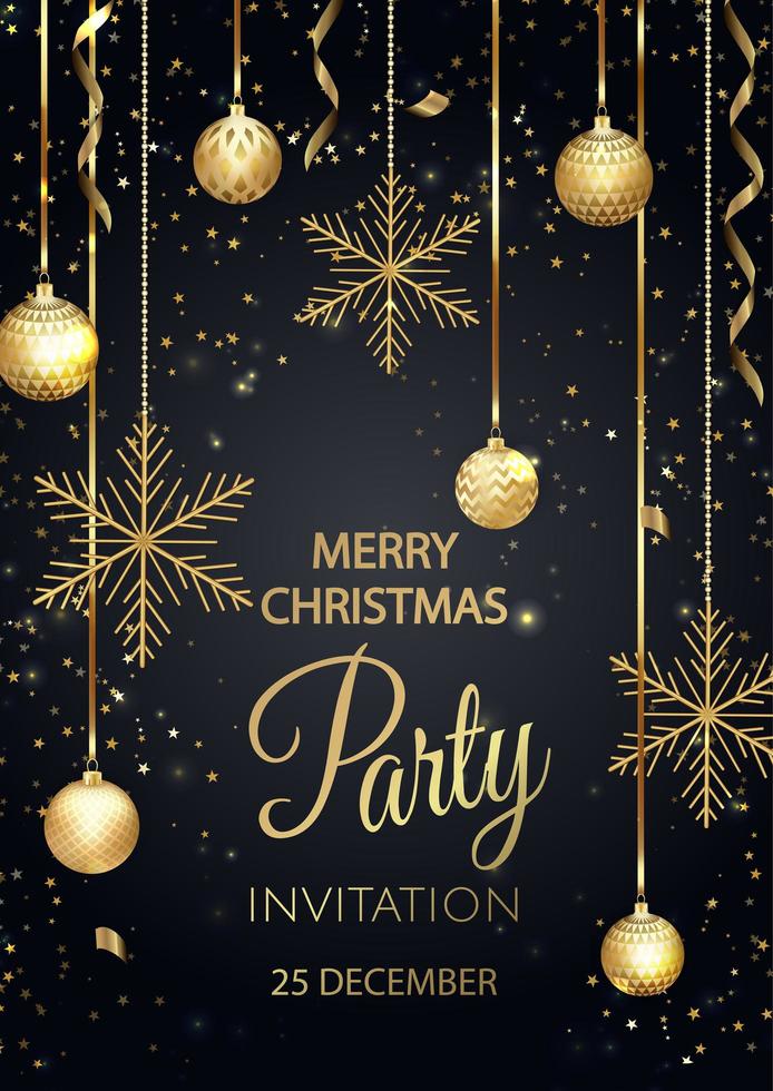 Christmas party invitation with balls and gold snowflakes vector