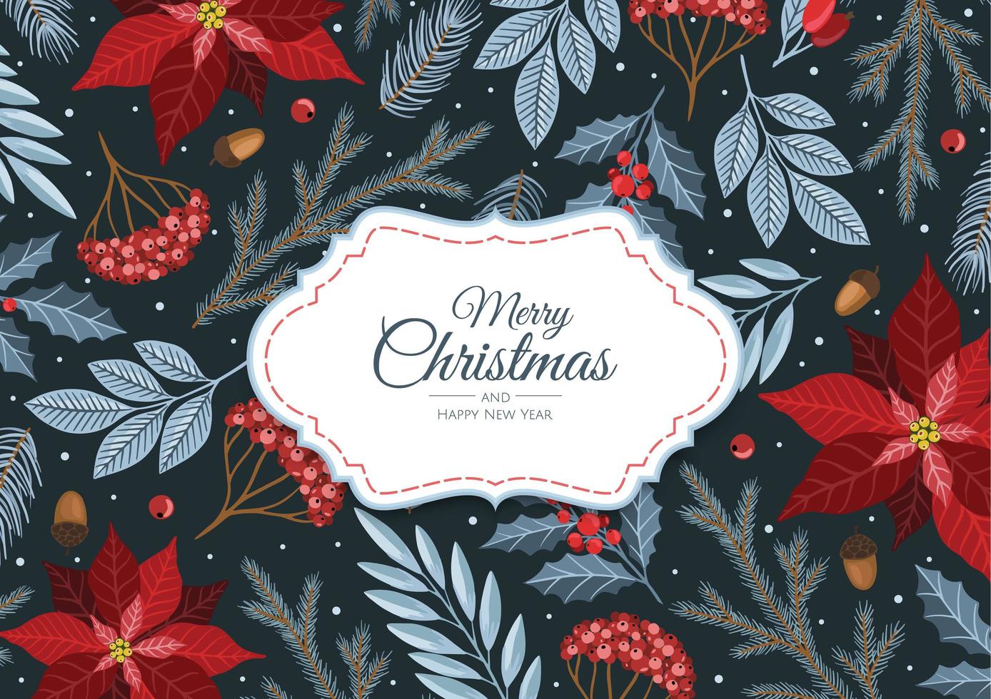 tarjetas de feliz navidad y año nuevo con plantas de invierno, ilustración de diseño para saludos, invitaciones, volantes, folletos. vector